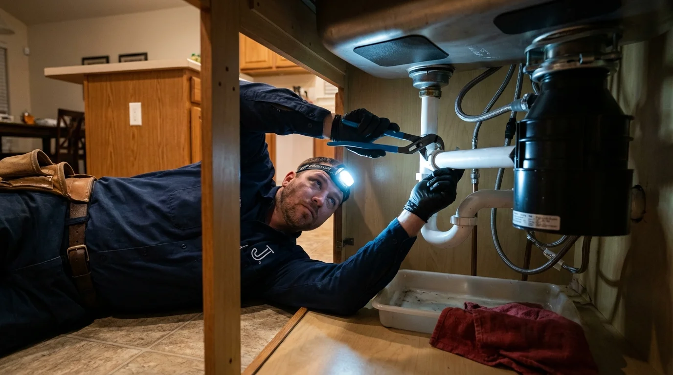 P-trap and supply line connections under a kitchen sink showing a common leak point in Goodlettsville, TN